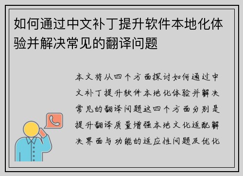 如何通过中文补丁提升软件本地化体验并解决常见的翻译问题