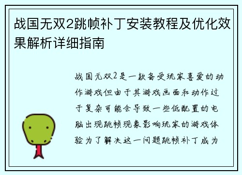 战国无双2跳帧补丁安装教程及优化效果解析详细指南