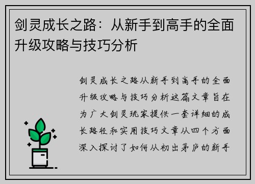 剑灵成长之路：从新手到高手的全面升级攻略与技巧分析